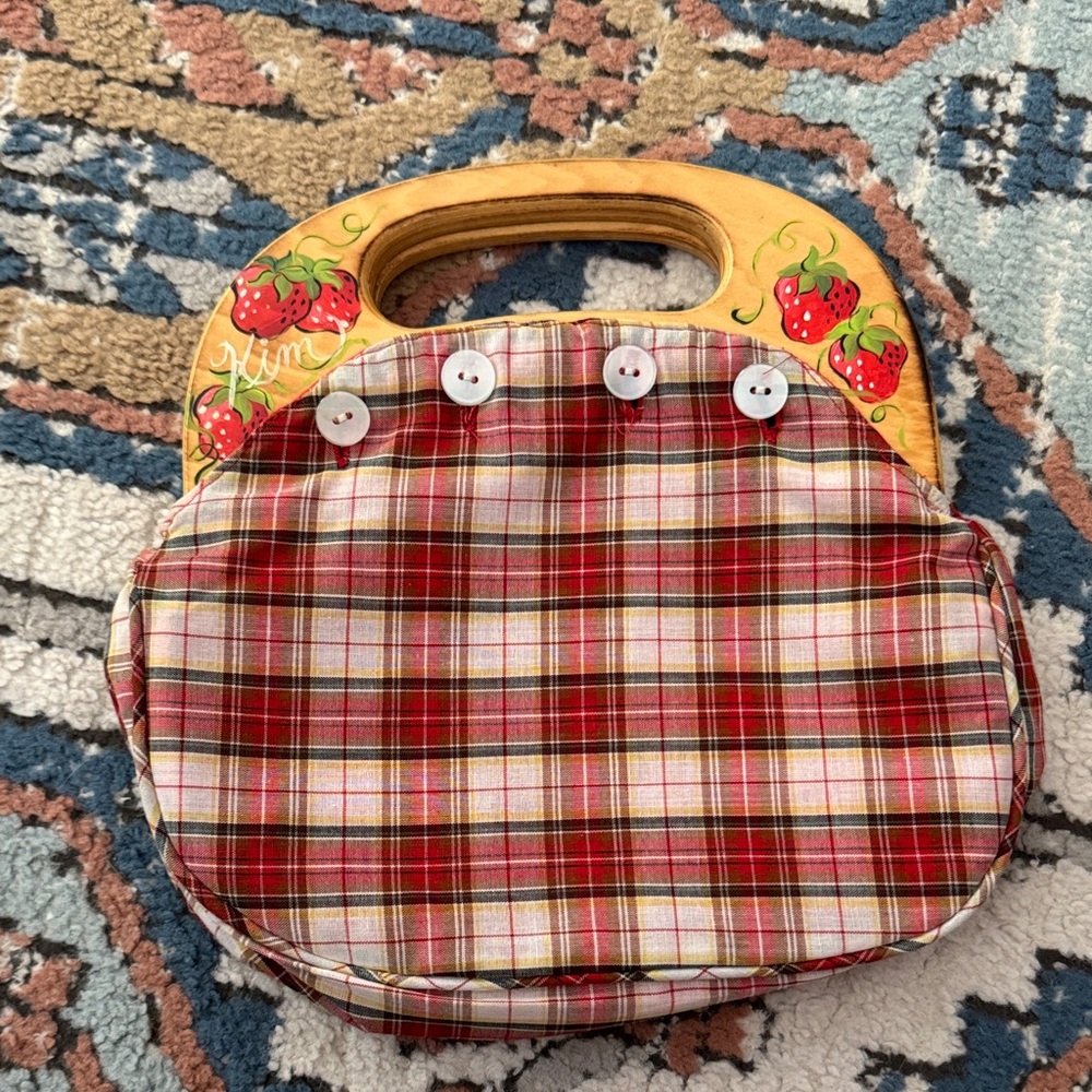 Adorable Handpainted Plaid and Strawberry Purse